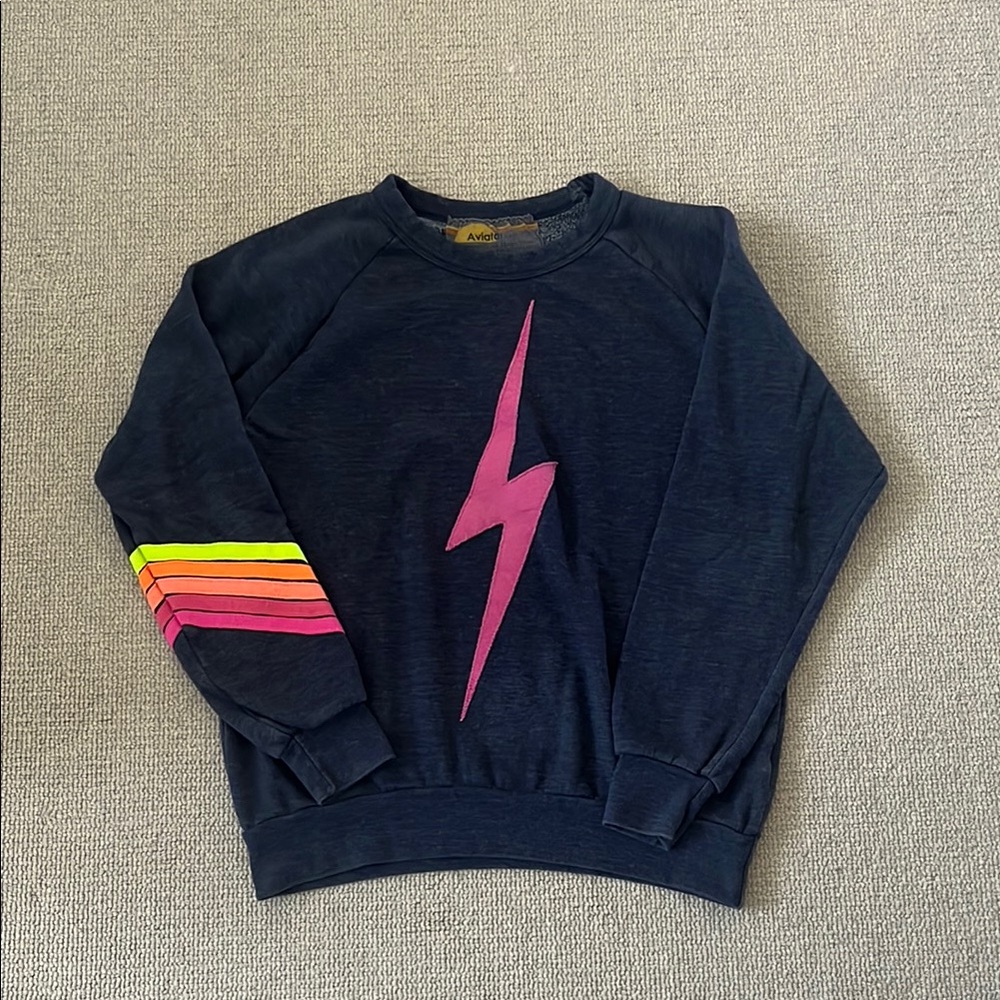 ⚡️Aviator Nation Navy Sweatshirt with Pink Bolt and Neon Sleeve Stripes